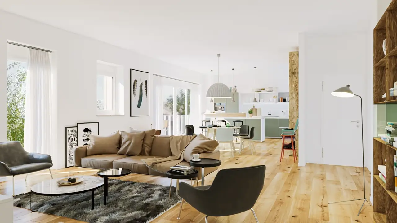 LUBA Immobilien UG - Immobilien - Helles, modernes Wohnzimmer mit offenem Grundriss, beigefarbener Eckcouch, schwarz-weißen Sesseln, Holzboden und Küche im Hintergrund
