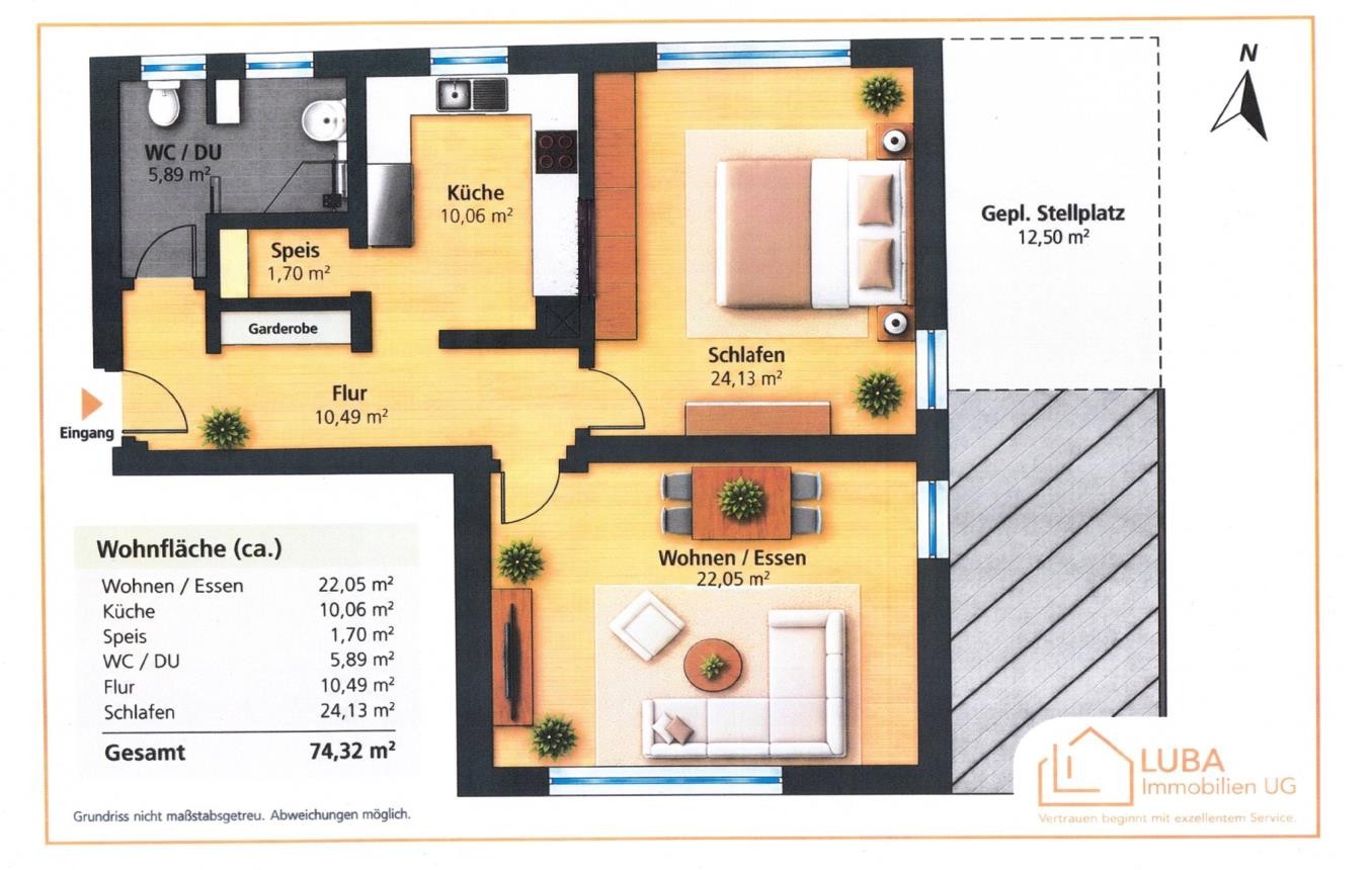 LUBA Immobilien UG – Immobilien – Grundriss der 2-Zimmer-Eigentumswohnung in Hermaringen mit ca. 74,32 m² Wohnfläche
